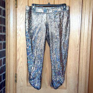 Bebe Sport silver holographic crop gym leggings L ruched hem metallic foil